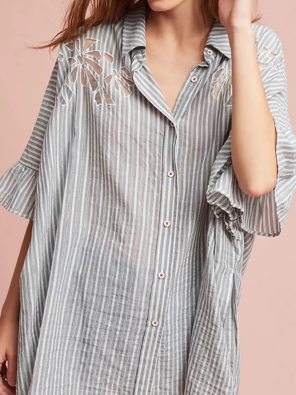Maeve Striped Gray Button-Down Shirt with Floral Cutout Shoulders size XS/s